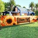 Happy Fall Banner 118 x 20 inchs Autumn Thanksgiving Outdoor Decorations Backdrop Happy Fall Yard Signs Party Supplies Autumn Sunflower Pumpkin Front Porch Hanging Banner
