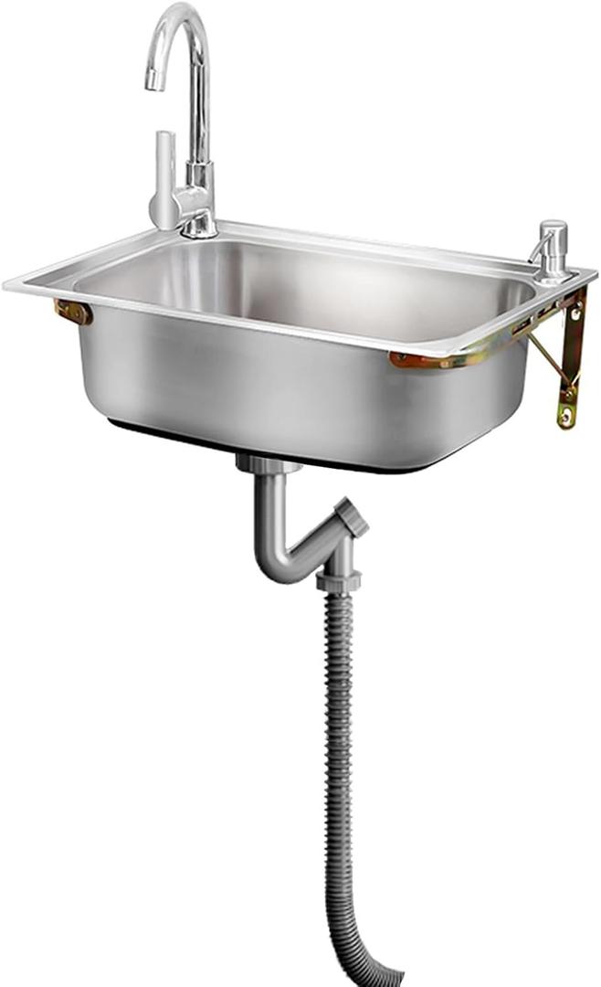 Stainless Steel Sink Wall Mount Commercial Hand Washing Station Prep Utility Kitchen & Bar Sinks Basin W/Gooseneck Faucet and Strainer for Home Garage Restaurant Laundry RV Bathroom Store, One Size