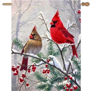 Winter Cardinal Bird House Flags for Outside 28x40 Double Sided Large Christmas Holiday Flags Red Birds on Tree Branch Garden Flag Welcome New Year Yard Flag Farmhouse Outdoor Decor