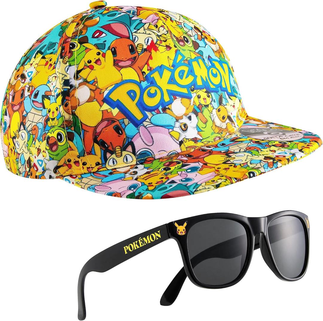 Pokemon Baseball Cap Sunglasses Boys Girls Bucket Hat for Kids Unisex Pikachu Adjustable Strap Summer Accessories (One Size)