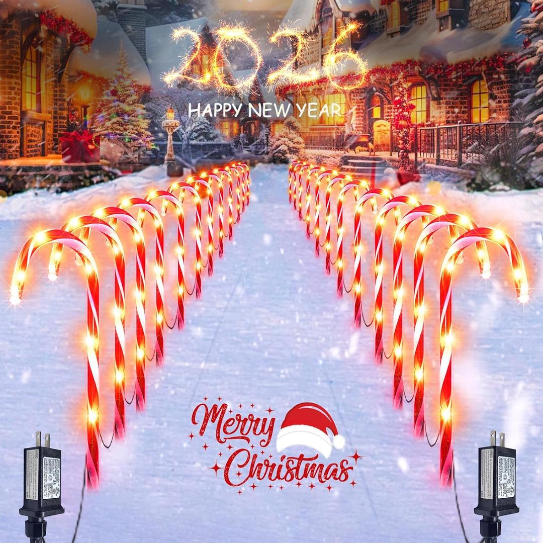 24 Pack Christmas Candy Cane Lights, Christmas Decorations Outdoor Waterproof with 8 Lighting Modes & Memory Function, Plug in Pathway Light for Outside Path Walkway Party Garden Yard Patio Xmas Decor