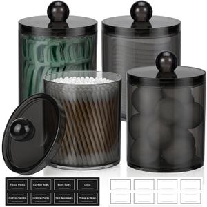 4 Pack Acrylic Qtip Holder Dispenser for Cotton Swabs, Balls, Pads, Floss Picks- Clear Acrylic Canister Apothecary Jar Set, Bathroom Essentials Accessories Decor Vanity Makeup Storage Organizer -Black