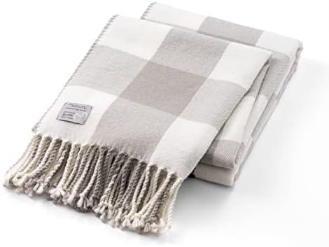 Mellowdy Classic Checkered Blanket - Faux Cashmere Plaid Throw with Fringe - Soft Woven, Lightweight, Farmhouse, Vintage Inspired Décor for Couch, Chair, Office (Light Grey, 50x60)