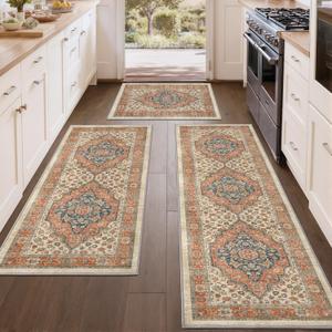 Color&Geometry Vintage Kitchen Rugs Sets of 3, Machine Washable 4mm Ultra Thin Stain Resistant Kitchen Floor Mats, Non Slip TPE Backing Runner for Sink,Hallway,Laundry,Entryway (2x3+2x5+2x7) (24"x36"+24"x60"+24"x84", Boho-brown)