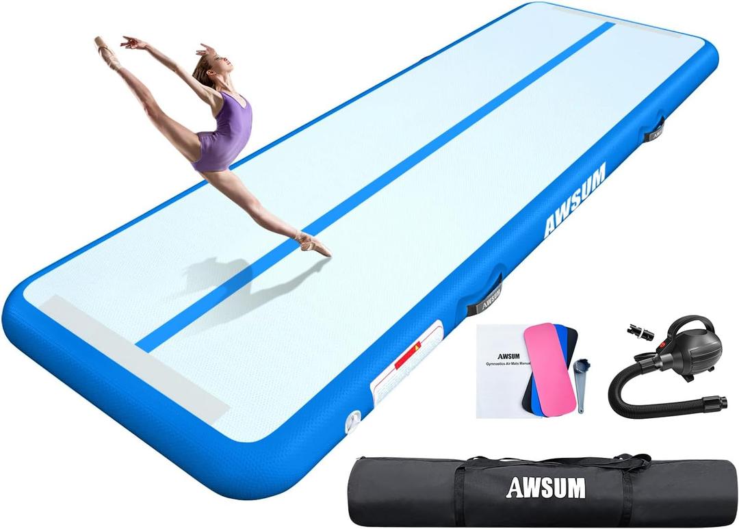 AWSUM Inflatable Air Gymnastics Mat 10ft/13ft/16ft/20ft/23ft Training mat 4/8 inches Thick tumbling mat with Electric Pump for Home/Gym/Outdoor (Blue/Blue)