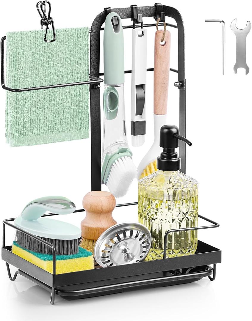 Sponge Holder for Kitchen Sink, Stainless Steel Sink Caddy with Removable Drain Tray, Higher Dishcloth Holder and Brush Rack, Kitchen Sink Caddy for Sponge, Brush, Soap Dish, Dishcloth - Black