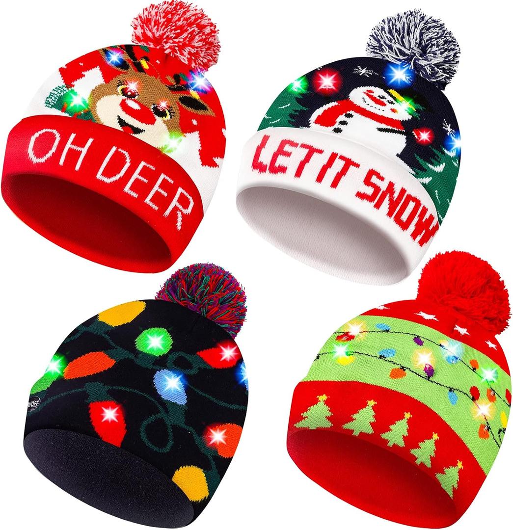 Christmas LED Light-up Knitted Beanie Hat Colorful Flashing Holiday Xmas Christmas Party Supplies(One Size Fits More)