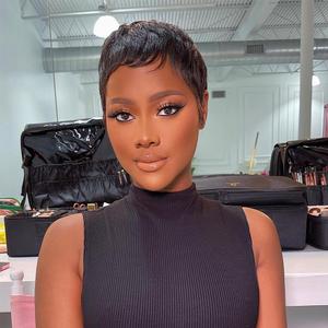 Short Pixie Cut Wig for Women 150% Density Virgin Human Hair Full Machine Made Short Layered Wigs with Bangs for Daily Wear Pixie Cut Straight Style Perfect for Summer 1B Color