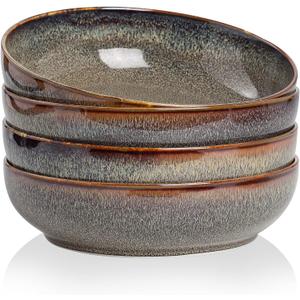 30oz Pasta bowls set - 8" serving bowls - salad bowl set of 4 - Large ceramic Dinner bowls - Microwave safe Perfect for Housewarming, Thanksgiving, Christmas-Caramel Brown