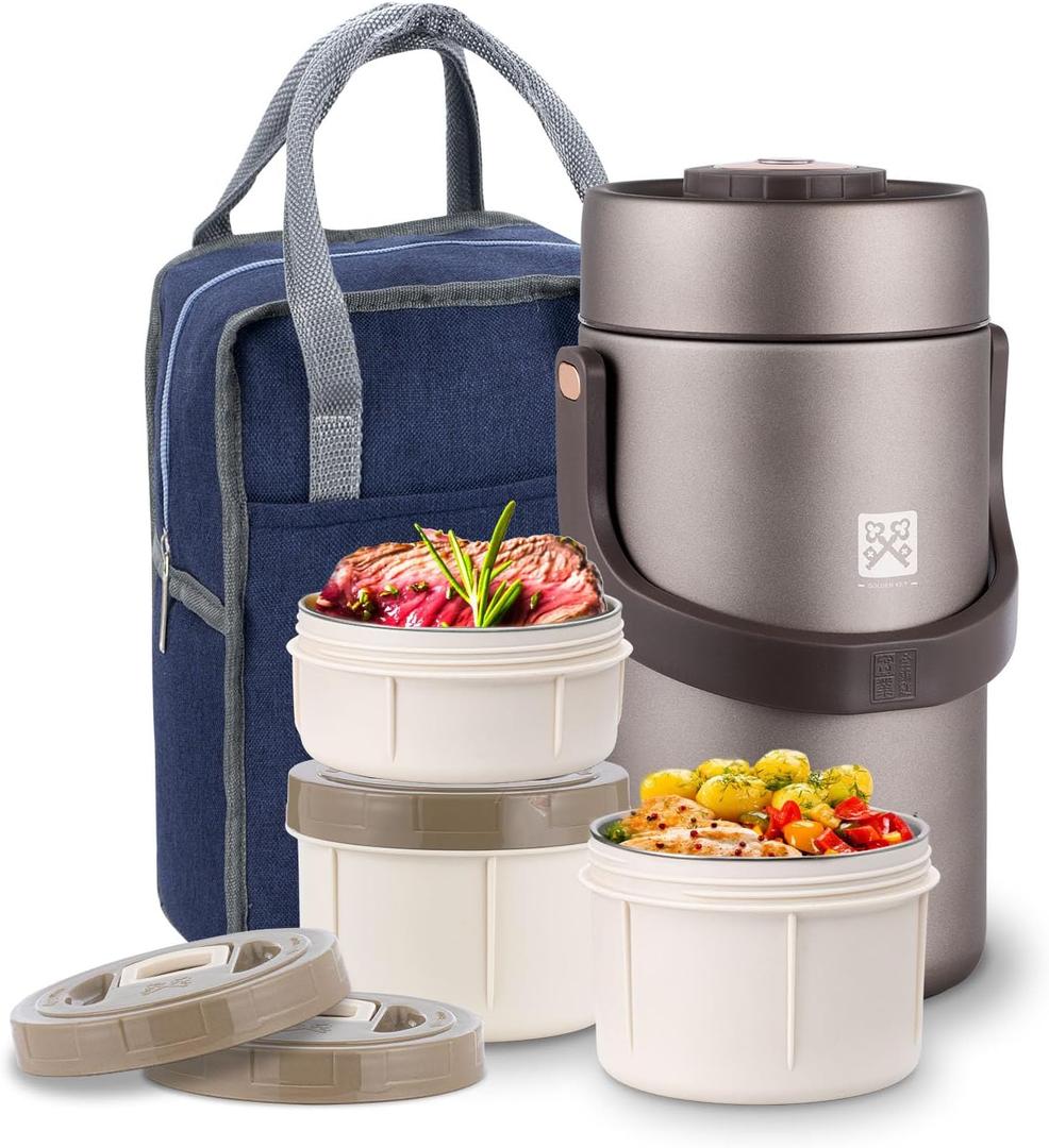 GOLDEN KEY 87oz Thermo for Hot Food Adult, Stainless Vacuum-Insulated Wide Mouth Large Food Thermo with 3 Stackable Storage Container Inserts and Lunch Bag,Hot & Cold Soup Insulated Food Jars
