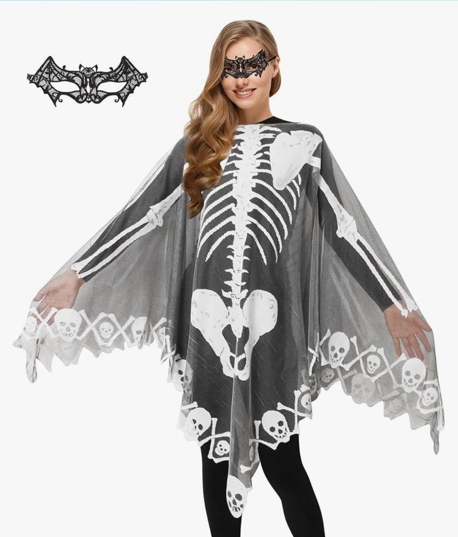 Halloween Skeleton Poncho for Women, Lace Skeleton Cape Shawl with Bat Mask, Halloween Costume for Women