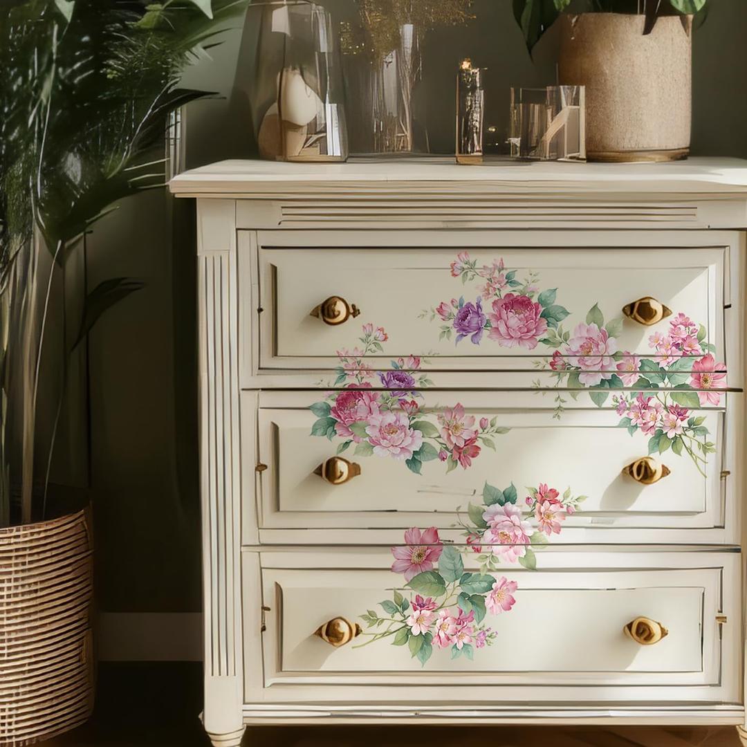 Floral Vintage Rub on Transfer for Furniture Large Flower UV DTF Transfer Sticker for Wood Glass Home Decor, Sping Pink Peony