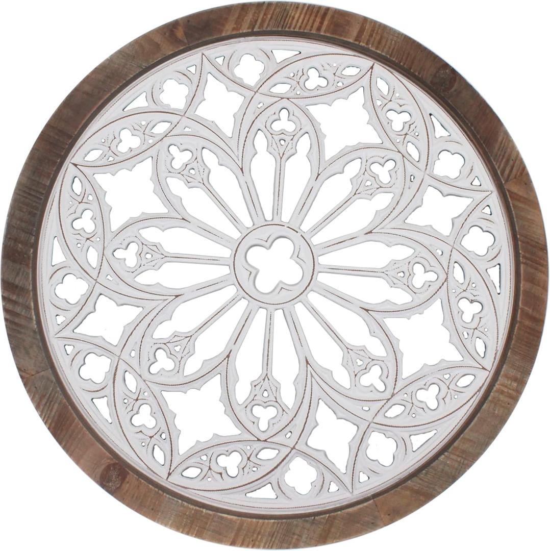 Funly mee Vintage Round Wall Decor with Frame,Wood Grille Wall Sculptures 23.6 in, 25.6"L x 23.6"W