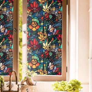 16x118 Colorful Boho Flower Stained Glass Double Side Window Films Art Decorative Privacy Tinting Film Self-Adhesive Static Glass Window Clings Stickers for Living Room Bathroom Glass Decor
