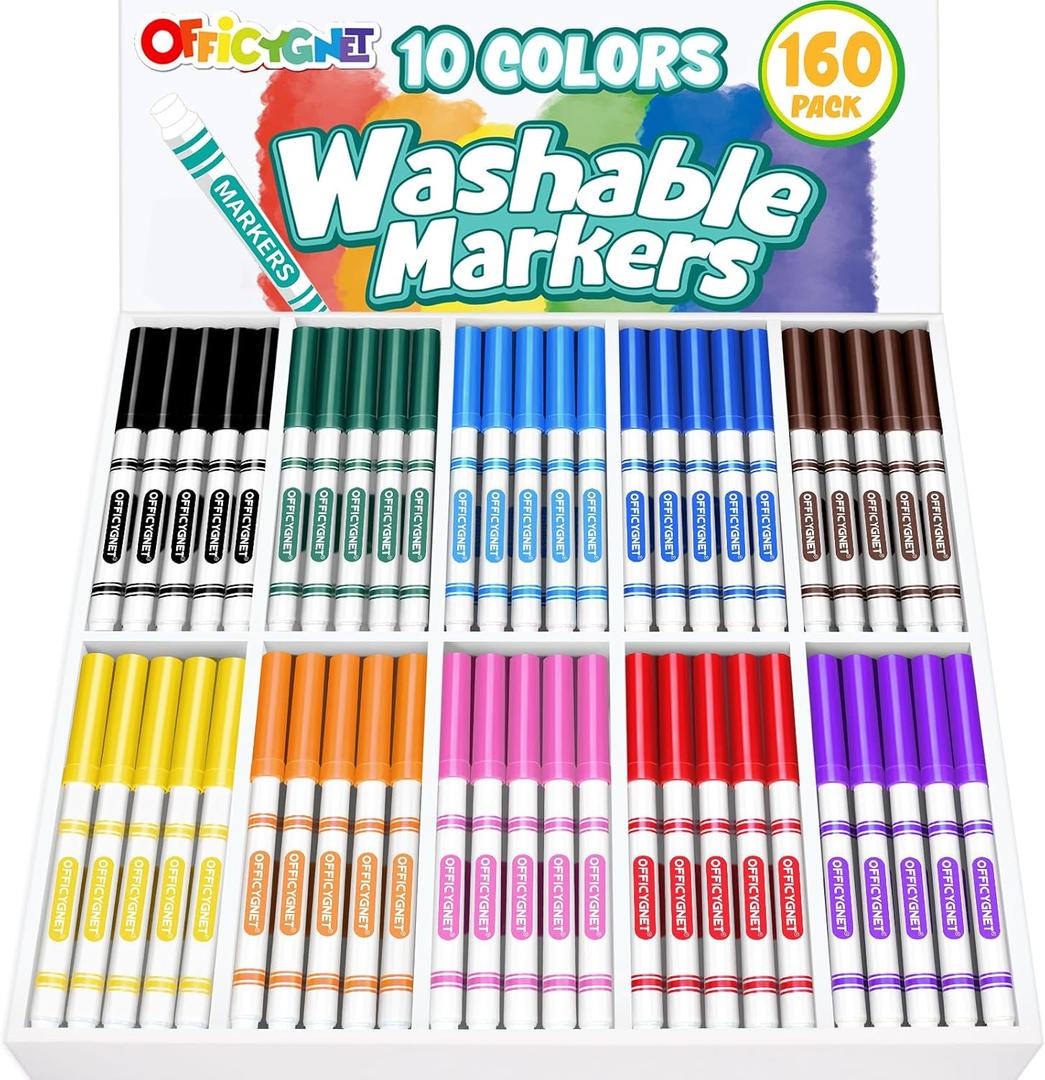 Officygnet 160 Count Washable Markers Bulk, 10 Assorted Colors, Conical Tip with Fine & Broad Line Coloring Marker for Kids, Markers Bulk for Classroom, School Art Supplies, Back to School Essentials