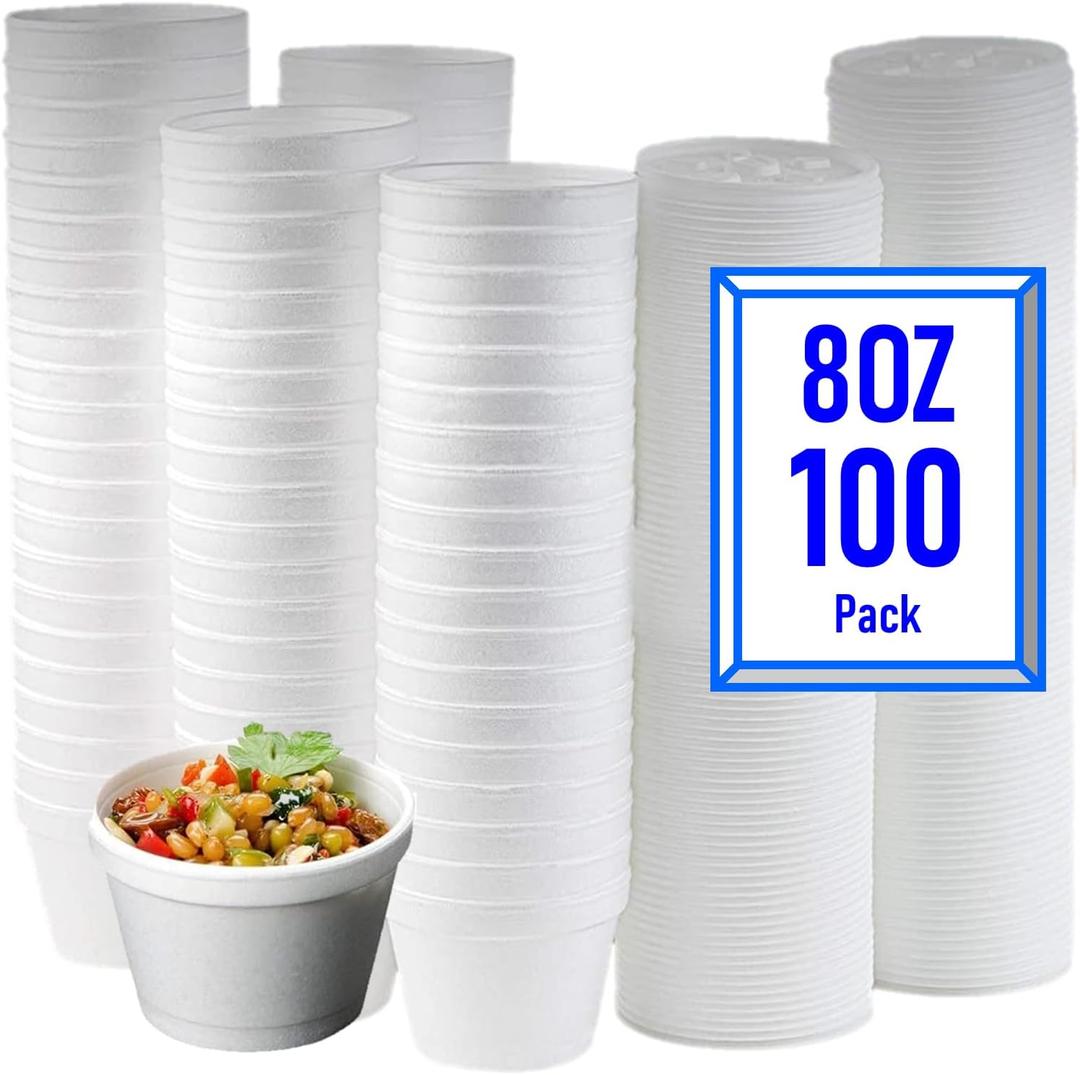Mr Miracle 8 Ounce Foam Cup with Vented Lid in White. Hot and Cold Foods. For Ice Cream, Yogurt, Soup, Takeout, Carryout. Model MM-8SJ20/20JL (100, 8 Ounce)