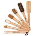 IMPRESA 7-Piece Narrow Wooden Measuring Spoons Set - 7 Sizes 1 TBSP-1/8 TSP Brown Rubberwood - Rectangular Design for Spice Jars - Laser-Etched Standard & Metric with Leveler & Leather Tie