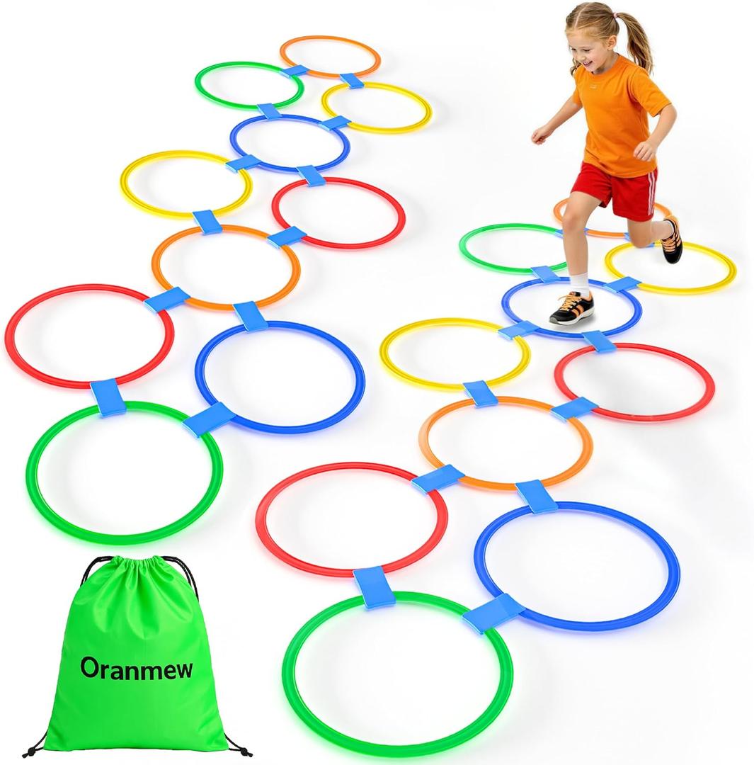 Hopscotch Rings, 2-Set  20 Round Hoops (11-inch) + 30 Connectors, Agility Rings for Kids, Builds Gross Motor Skills, Preschool & Kindergarten PE, Indoor/Outdoor Playground Obstacle Course