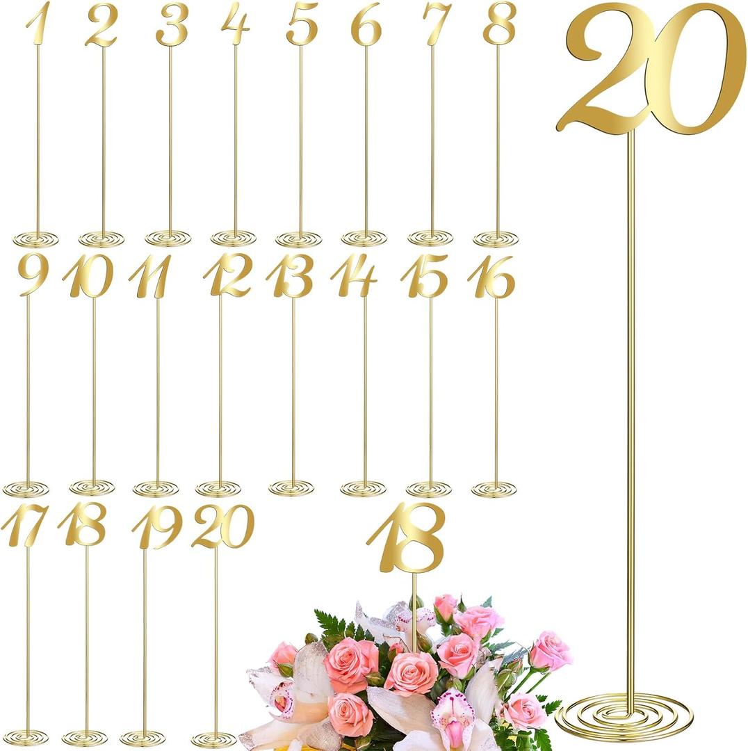 Therwen 20 Pcs Metal Table Numbers 1-20 Table Numbers for Wedding Reception 12 Inch Stainless Steel Party Desk Figure with Sturdy Holder Base for Banquet Wedding Party Event Catering(Gold)
