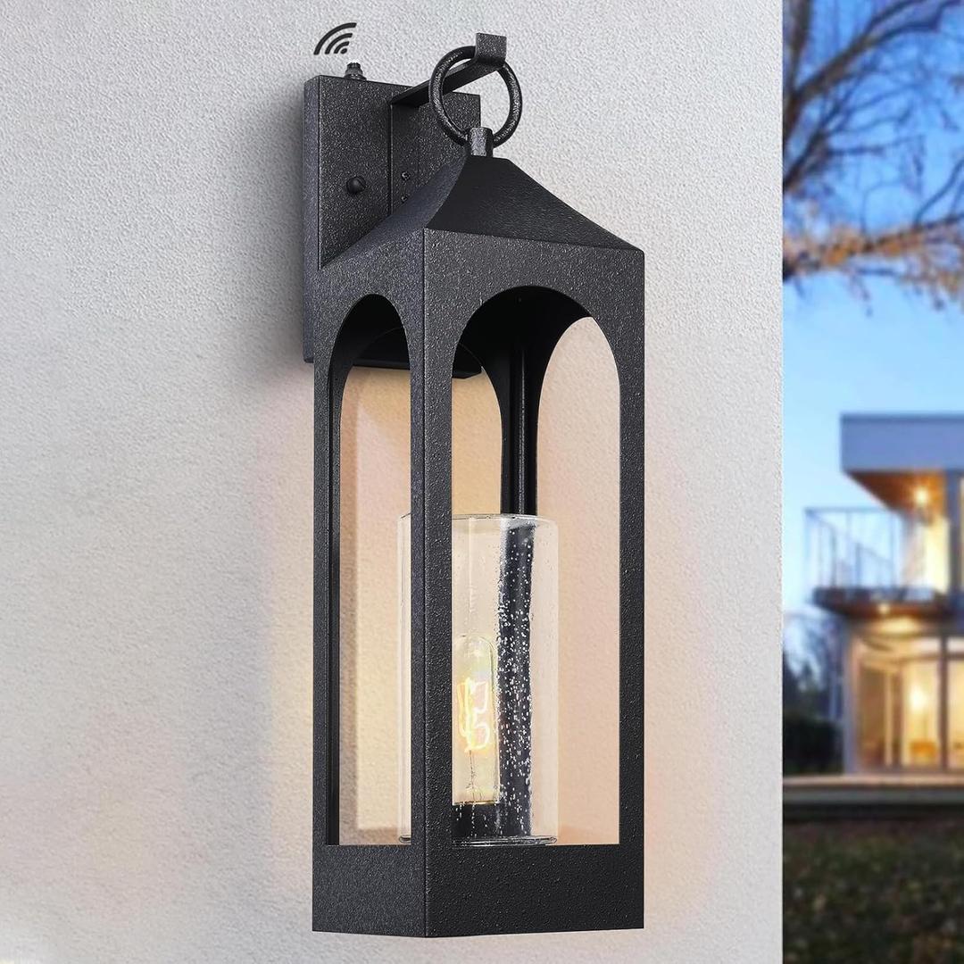 LamQee 20 Inch Dusk to Dawn Outdoor Wall Lights, Large Exterior Lighting Fixtures with Seeded Glass, Textured Black Modern Outdoor Sconces Wall Mount Lantern for House Porch Patio Garage Front Door