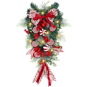 Yunlly 28" Pre Lit Christmas Teardrop Swag Battery Operated Christmas Swag with Lights, Red and White Bowknot, Swirl Candy Cane Ball, Xmas Wreath Ornament for Indoor Outdoor Front Door Decoration