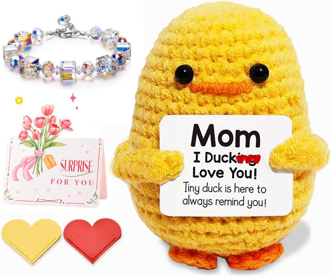 Emotional Support Crochet Duck,5 in 1 Set Gifts for Mom Handmade Crochet Cute Duck,Positive Crochet Mini Ducks,Mom Gifts from Daughters,Son,Kid,Gifts for Mom Birthday,Cute Desk Decor