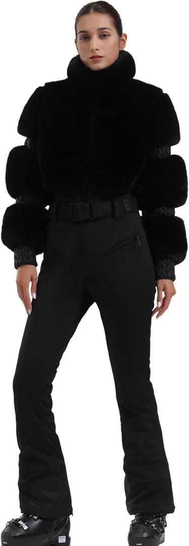 GSOU SNOW Women Ski Suit One Piece Snowsuit Snowboard Faux Fur Collar Slim Jumpsuit Jacket Insulated Windproof Outdoor Winter (Medium, Black Color)
