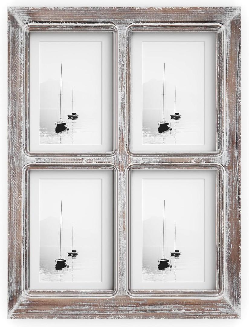 Barnyard Designs 4x6 or 5x7 Collage Picture Frames, 4 Photo Openings w/Mat for Multiple Pictures, Distressed Rustic Wood Farmhouse Frame for Wall, 16x12 (Brown)