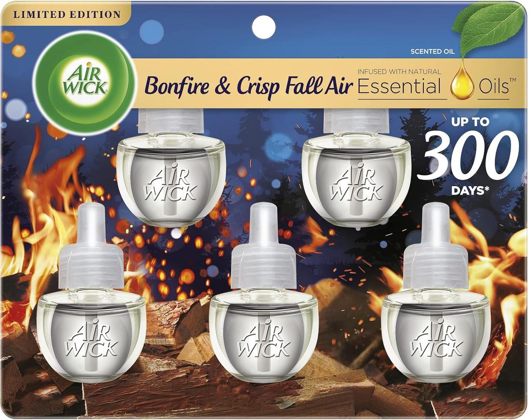 Air Wick Plug in Scented Oil Refill, 5ct, Bonfire and Crisp Fall Air, Essential Oils, Air Freshener Fall Scent, Fall dcor (0.67 Fl Oz (Pack of 5))
