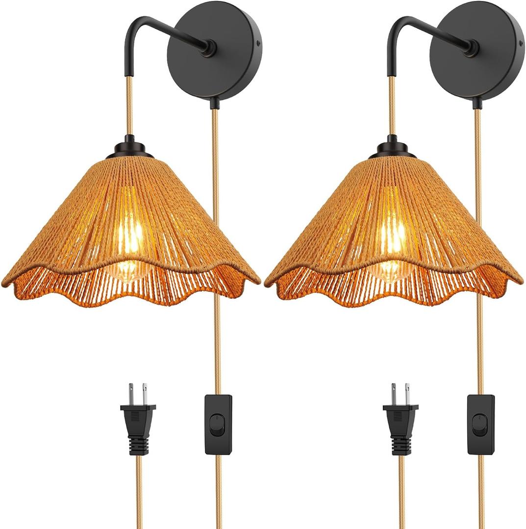 Plug in Wall Sconces Set of Two,Handwoven Boho Wall Decor, Plug in Wall Light with Switch for Farmhouse,Indoor, Living Room, Bedroom (Bulb Not Included) 11 X 8 Inch (Wave - 2 Pack)