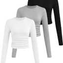SOLY HUX Girl's Long Sleeve T Shirts 3 Packs Crewneck Fall Tees Ruched Fitted Tee Shirt Tops, Size 9 Years (Black Grey White)