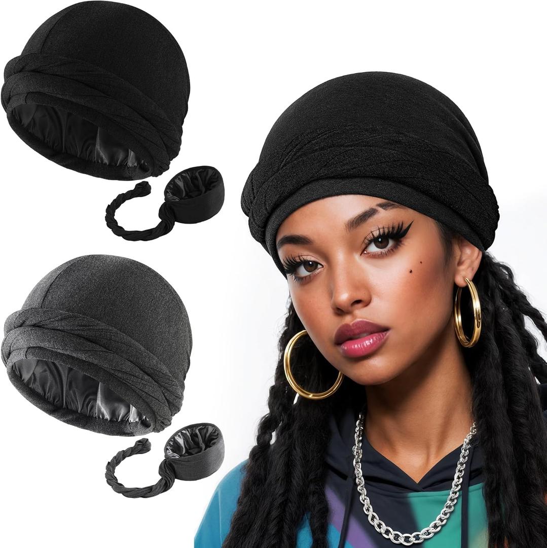 Coucoland 2 Pcs Turban for Women Men Satin Lined Twist Halo Durag Sleeping Bonnet Hair Cover Pre-Tied Head Wraps for Women (Gray)