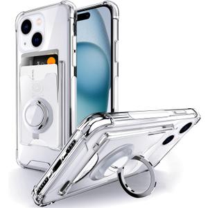 Shields Up Designed for iPhone 15 Case, Minimalist Wallet Case with Card Holder (3 Cards) & Ring Stand, [Drop Protection] Slim Protective Cover for iPhone 15 (6.1 inch) - Clear