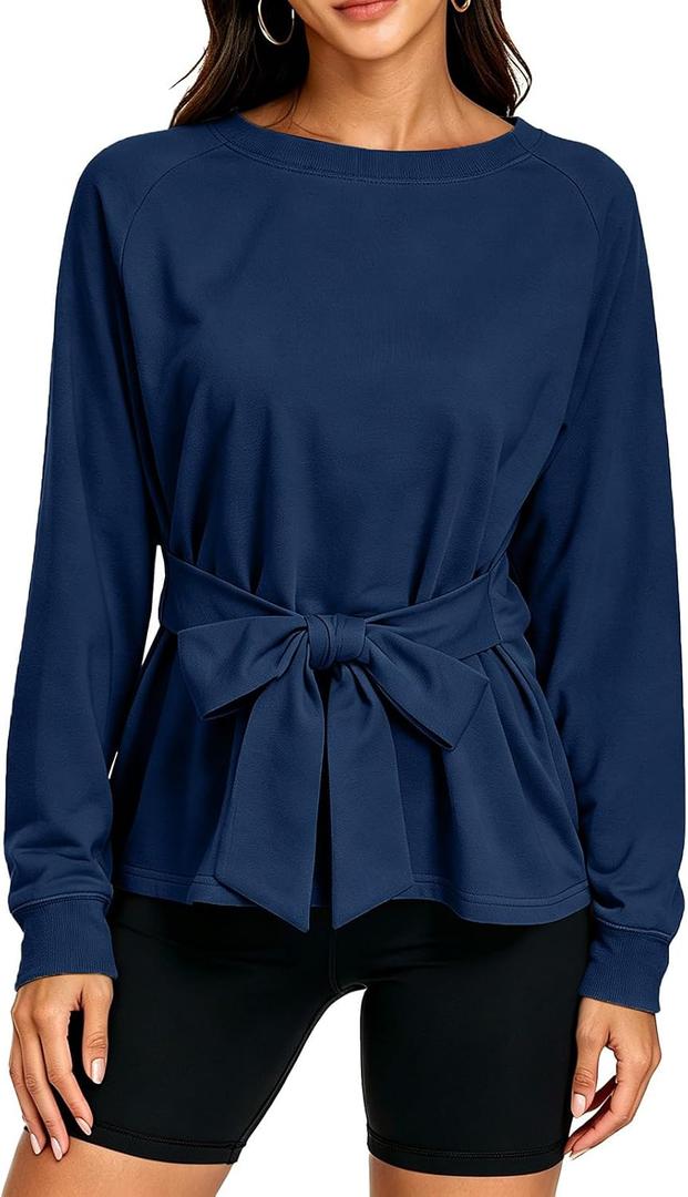 Women's Long Sleeves Shirt Tops Crew Neck Tie Knot Sweatshirt Tops Casual Fall Loose Fit Cropped Top Pullover (Blue, L)