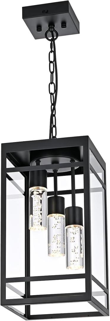 Outdoor LED Pendant Light Fixtures for Porch,3 Lights 5CCT Outdoor Pendant Light,Black LED Integrated Bulbs Hanging Lantern,Farmhouse Exterior Ceiling Light for Patio,Foyer,Entryway,Hallway