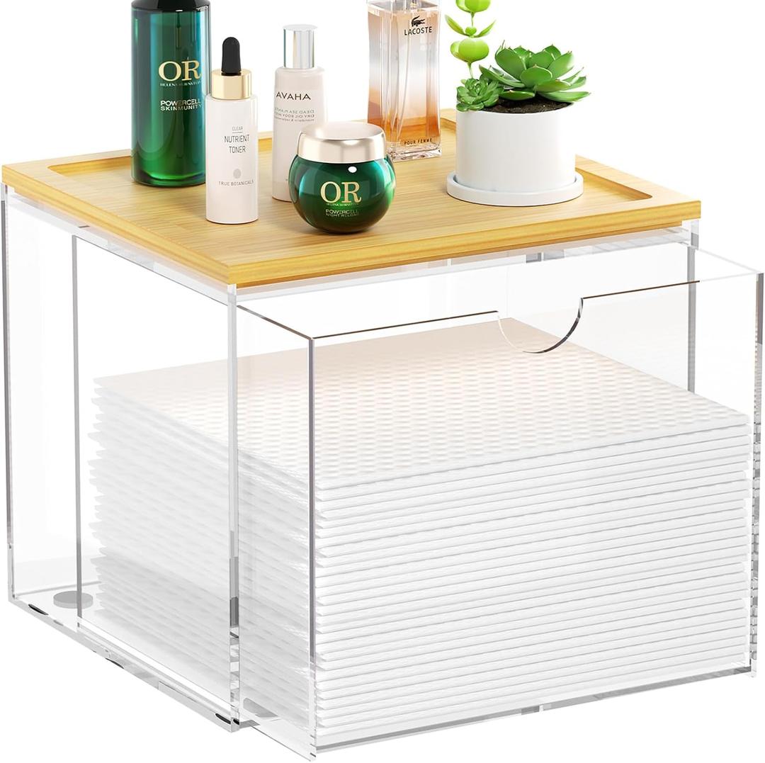 VITVITI Drawer Disposable Face Towel Holder Box, Acrylic Facial Towel Container for XL Clean Skin Club, Large Disposable Face Towels Storage with Bamboo Lid, for Bathroom, Vanity Makeup, Clear