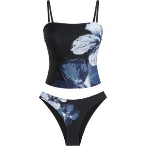 ZAFUL Women's Floral Tankini Swimsuits Bandeau Tummy Control High Cut Tankini Set Two Piece Bathing Suit (Blue, L)