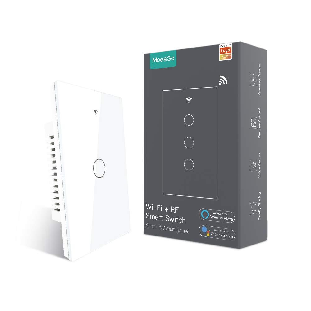 MoesGo WiFi Smart Wall Light Switch,Glass Panel, Multi-Control(3 Way), 2.4GHz Wi-Fi Touch Switches, Neutral Wire Required, Remote Control Smart Life/Tuya App, Work with Alexa, Google Home White 1 Gang