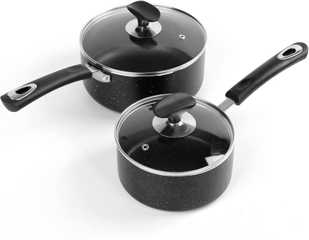 Nonstick Saucepan Set with Lid, Non Stick 1.5QT & 2.5QT Sauce Pan Set with Glass Lid Small Pot for Home Kitchen (Black)