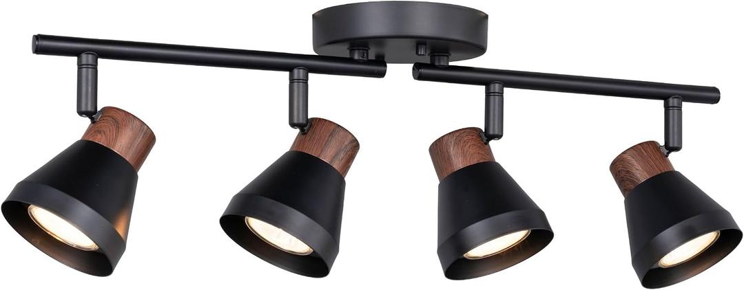 4 Light Modern Track Lighting Kit Black and Faux Wood Finish, Flexibly Adjustable Arm with Multi-Directional Ceiling Spotlight for Kitchen, Bedroom, Living Room,Ding Room Gu10 Not Included
