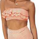 Saodimallsu Women High Waisted 2 Piece Bikini Set Bandeau Ruffle Swimsuit Top Striped Bathing Suits, Medium, Orange