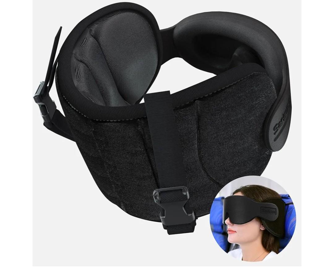 SARISUN Travel Pillows for Airplanes, Airplane Pillow for Long Flight, Airplane Head Strap with Eye Mask for Sleep, Travel Neck Pillow for Car Road Trip, 360° Support Headrest, Stop Bobblehead, Black