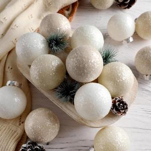 12 Pcs Neutral Textured Christmas Ball Ornaments 2.36 Inch Glitter Sugar Matte Cream Beige White Xmas Bulbs with Flocked Velvet Ribbon Rustic Xmas Elegant Modern Christmas Decor for Tree