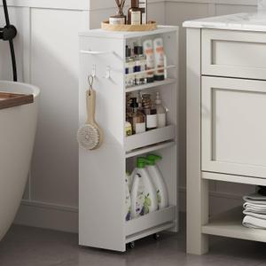 ChooChoo 4-Tier Bathroom Storage Cart, 7.87 inches Wide Narrow Storage Cabinet with 360 Wheels and 2 Hooks, Laundry Room Storage Organizer for Kitchen, Narrow Places, Living Room, White