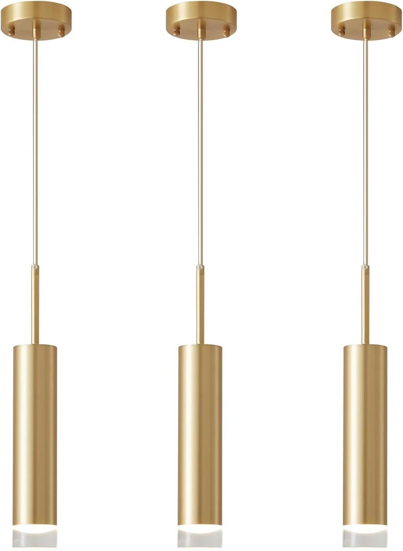 KCO Lighting Long Tube Pendant Lights Kitchen Island Small Gold Pendant Light Mini Cylinder Pendent Lights Industrial Mid Century Modern Hanging Light Bushed Brass Living Room Light 3 Pack