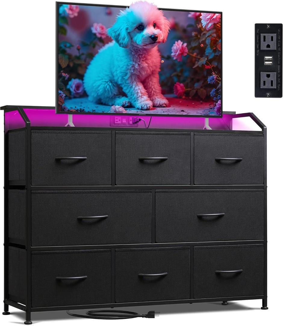 WLIVE Led Dresser for Bedroom, Black Dresser TV Stand for Bedroom with LED Lights and Power Outlet, Wide Chest of Drawers for Hallway, 8 Fabric Drawers for Living Room and Entryway, Easy to Assemble, 13.3"D x 39.3"W x 31.4"H8 Drawers with LED