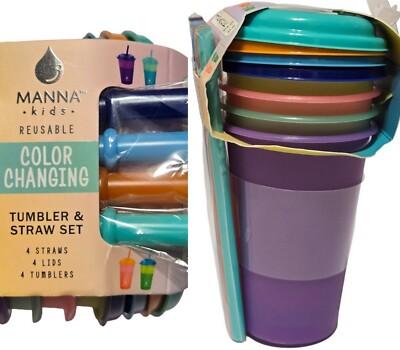 4 Pack Manna Kids Reusable Color Changing Tumbler & Straw Set (354 ml 12 oz) NEW