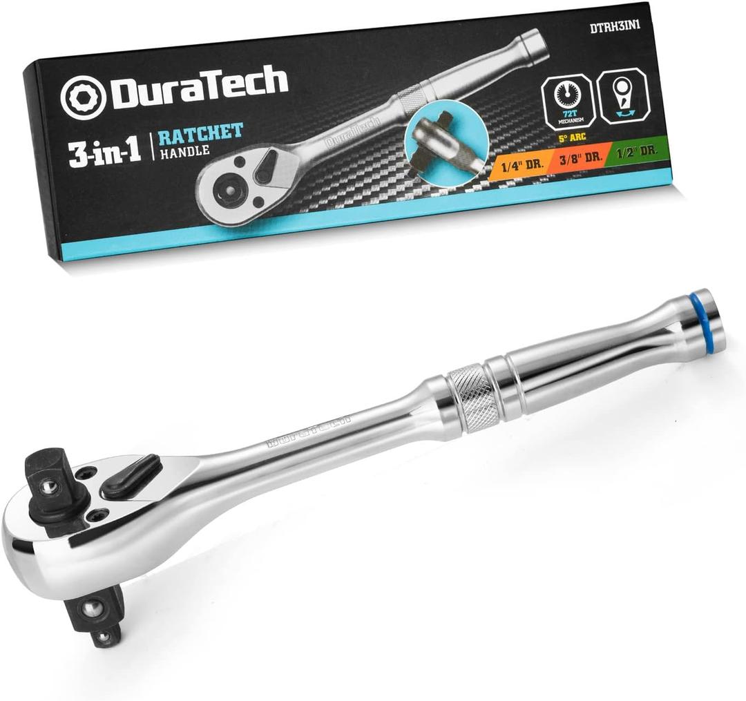 DURATECH 3-IN-1 Ratchet Handle, 1/4 ", 3/8 ", 1/2" Drive Ratchet Wrench, 72-Tooth, Reversible Switch, Full-Polished Chrome Plating, Alloy Steel