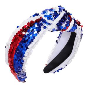 4th of July Women's Headband Fourth of July Knotted Headband Sequin Beaded Patriotic Hairband Red White and Blue for USA Independence Day Decor