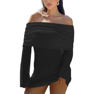 Women's Off Shoulder Mini Short Dress Bodycon Long Sleeve Crochet Sexy Going Out Mesh Elegant Sweater Dresses M